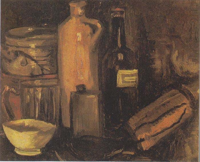 Still-life with earthenware, glass of beer and bottles, Vincent Van Gogh